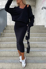 V-Neck Top and Midi Dress Set